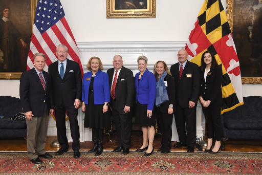 6 award winners holding certificates pose with Maryland Governor Larry Hogan and State Superintendent of Schools Dr. Karen B. Salmon