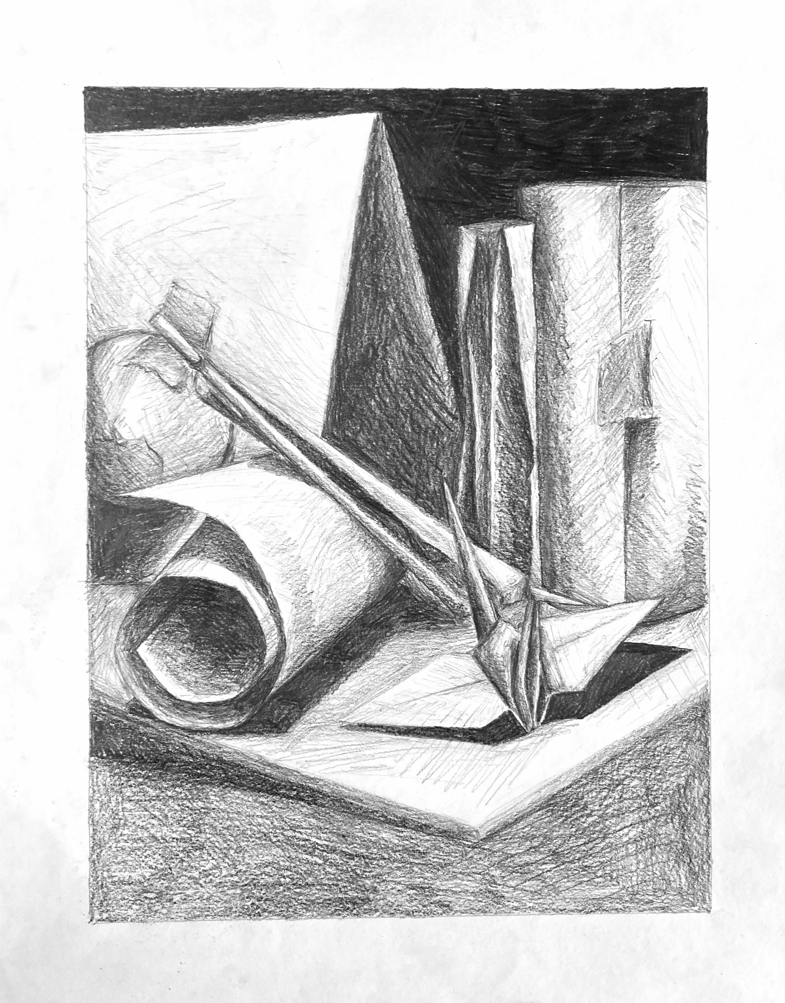 Still life of Origami crane, paper and art products. Medium: Graphite