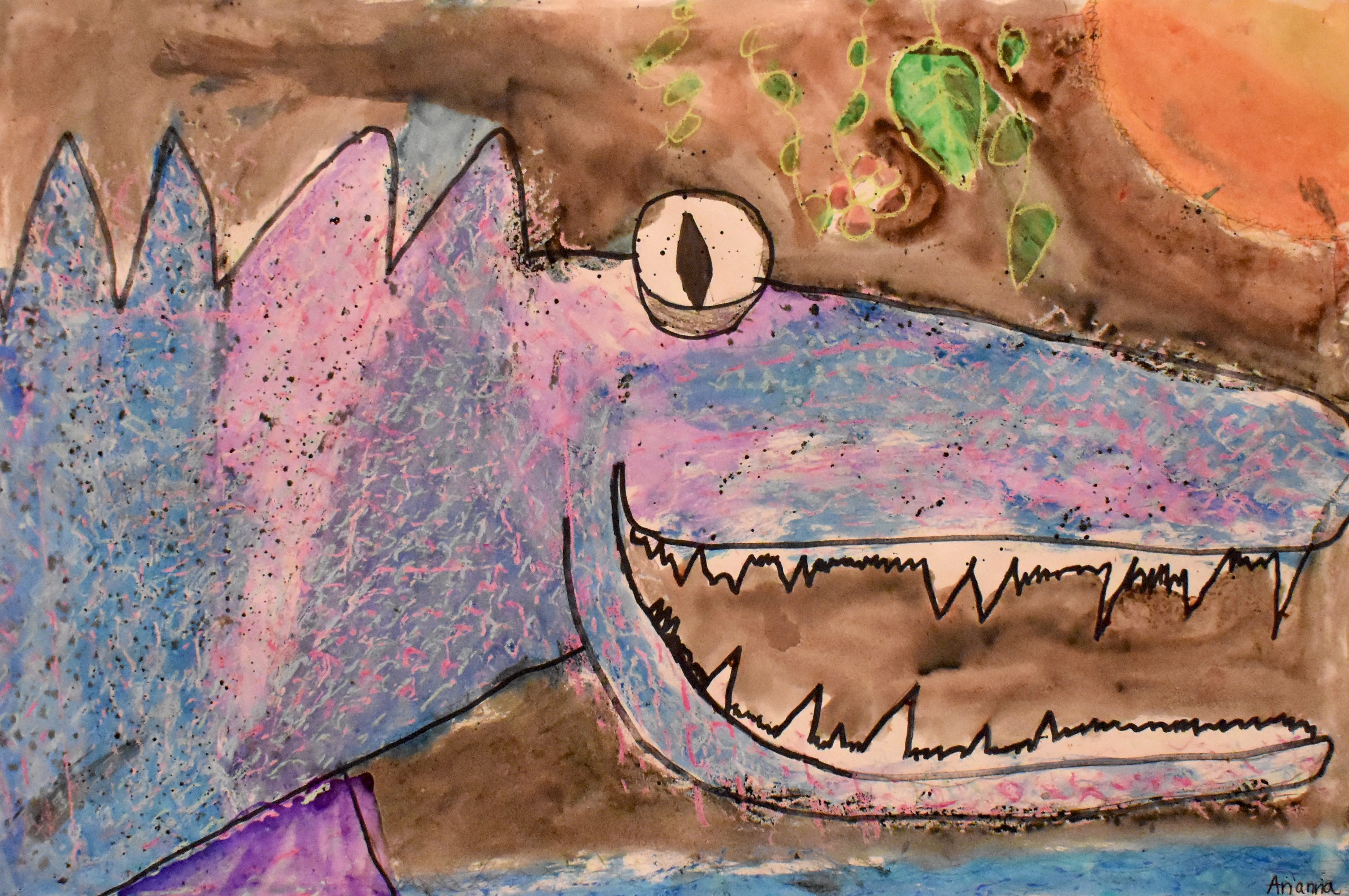 Pink, purple and blue smiling alligator in profile with a brown background and sun in upper right corner. Mixed media: watercolor, ink, crayon