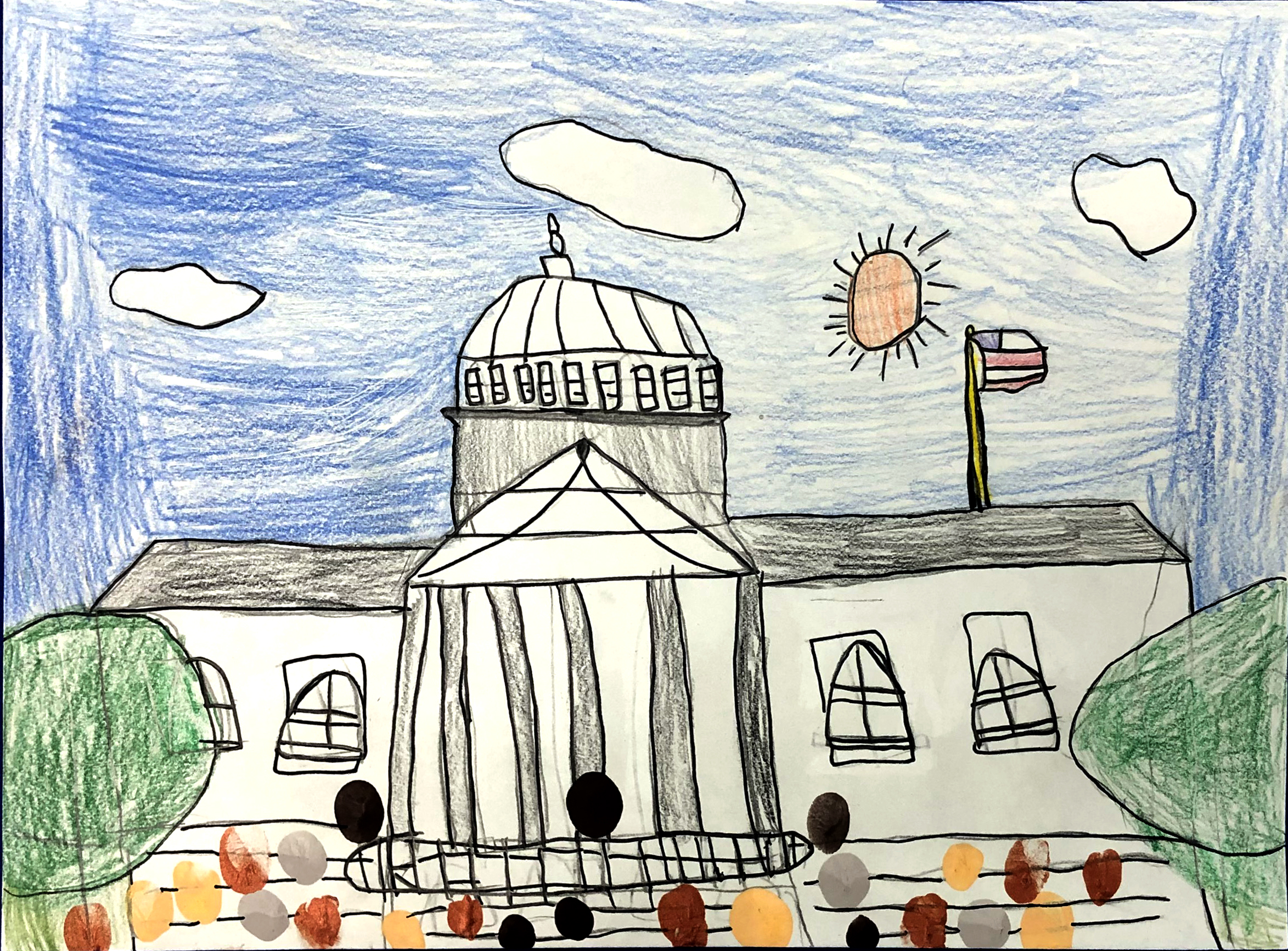 Drawing of US Capitol with blue sky background and green trees, and black, brown, tan, and white dots representing people in front of the building. Medium: Colored pencil