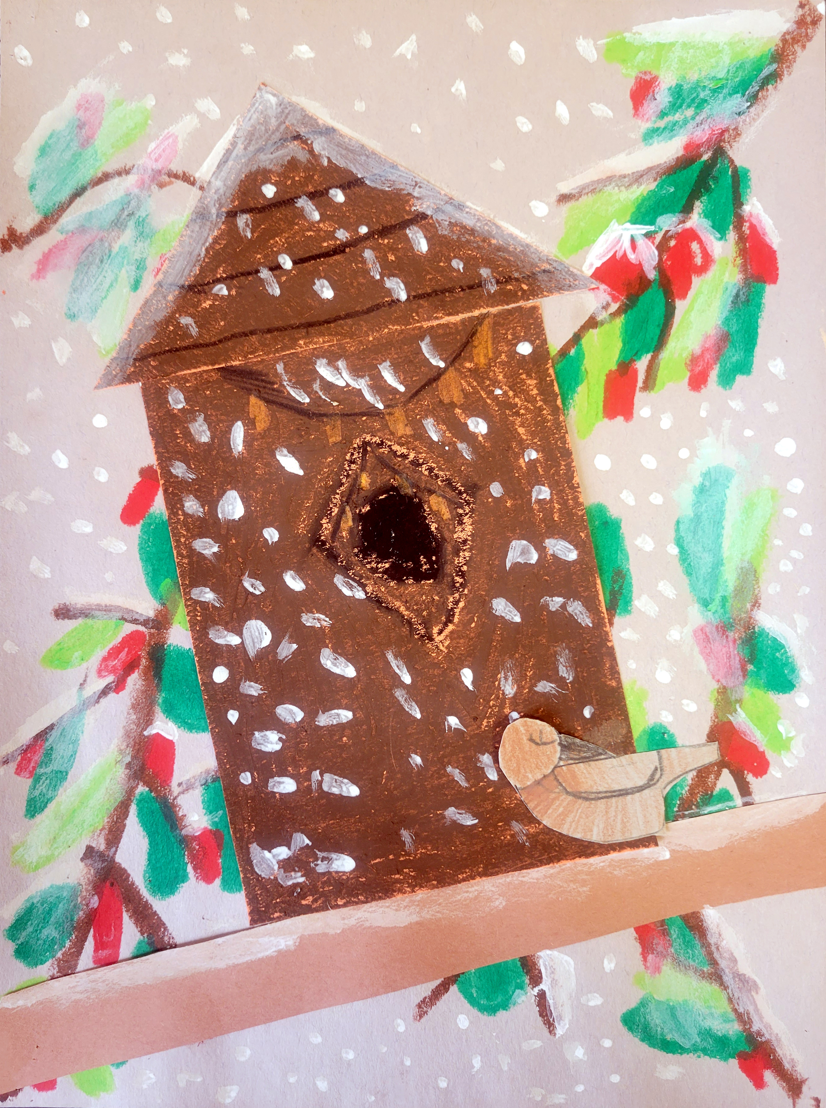 A birdhouse with a bird resting on a branch in front of it, snowing and in the background branches with red berries. Mixed media