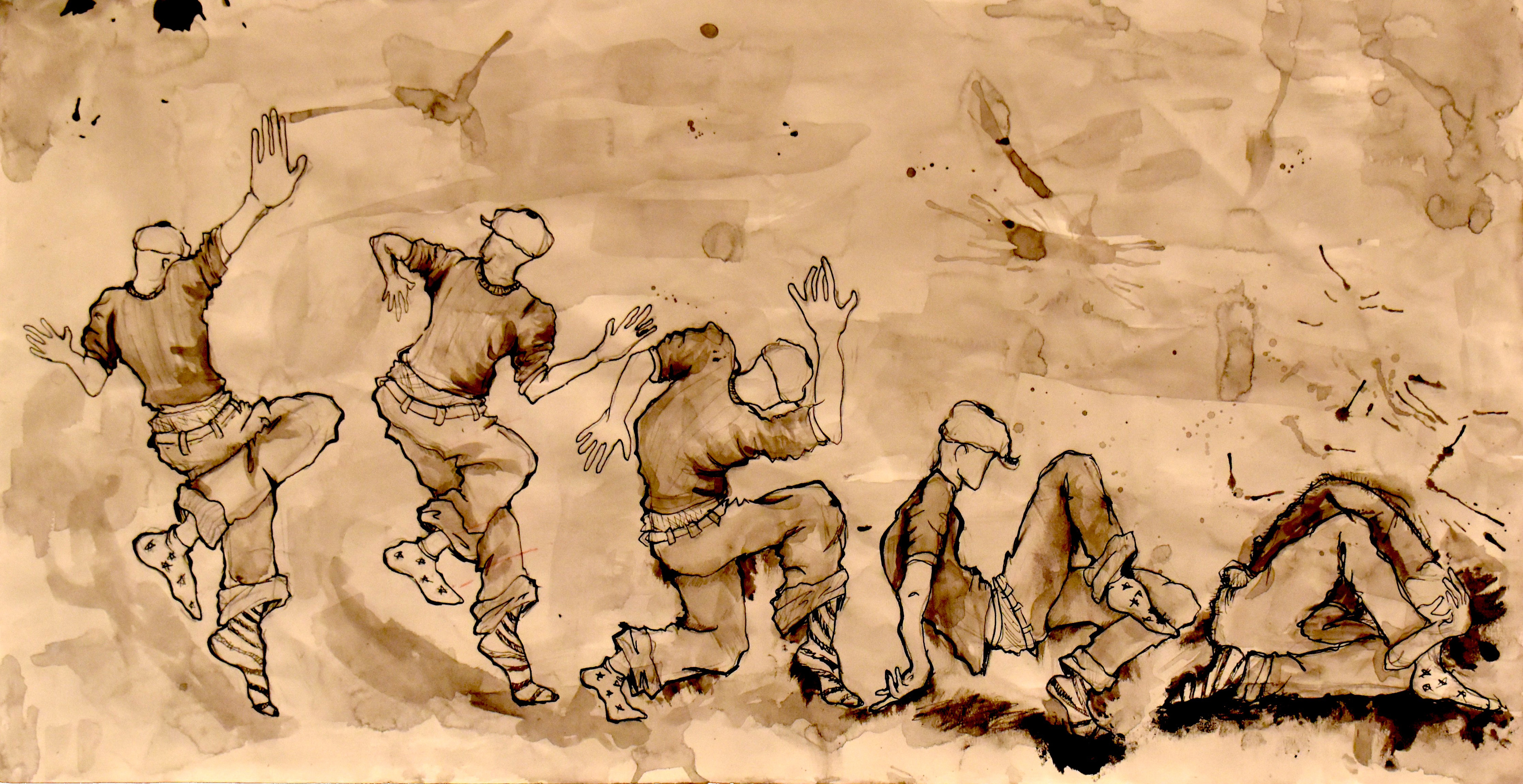 A series of images of an individual in five poses, as if from left to right across the page gradually moving through a full-body motion. Mixed media: paint and ink