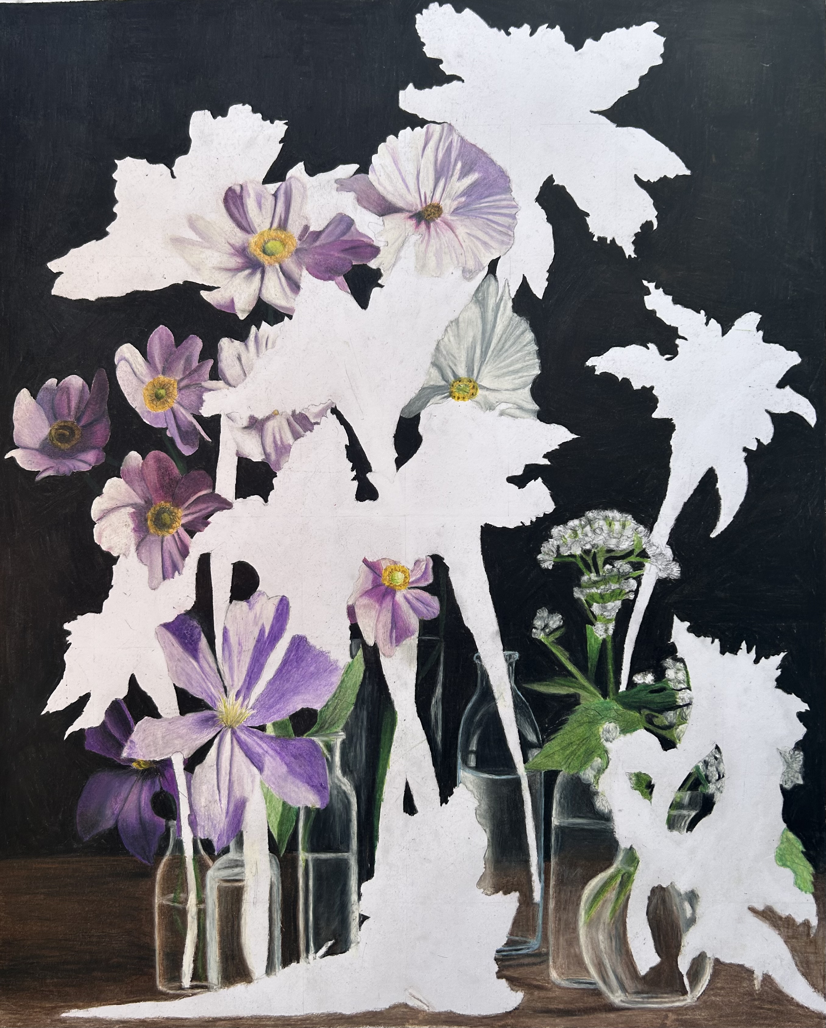 Titled, Floral Still Life, depicting pink, purple and white flowers in vases with some of the flowers appearing to have been erased or whited out. Medium: Photorealism Colored Pencil