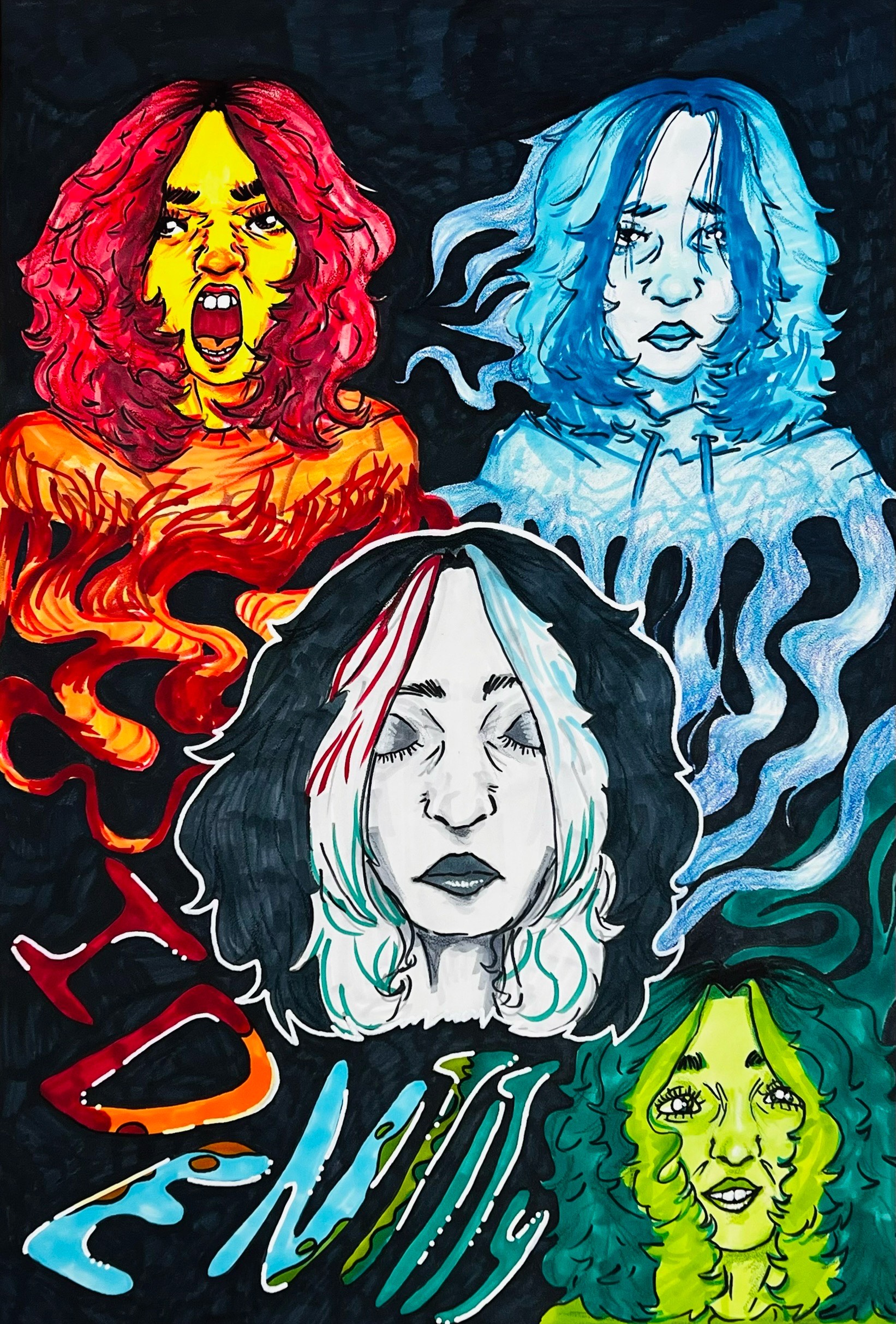 Depiction of four images of the same person's face with four different emotional expressions, in red, blue, green and gray, and the word 