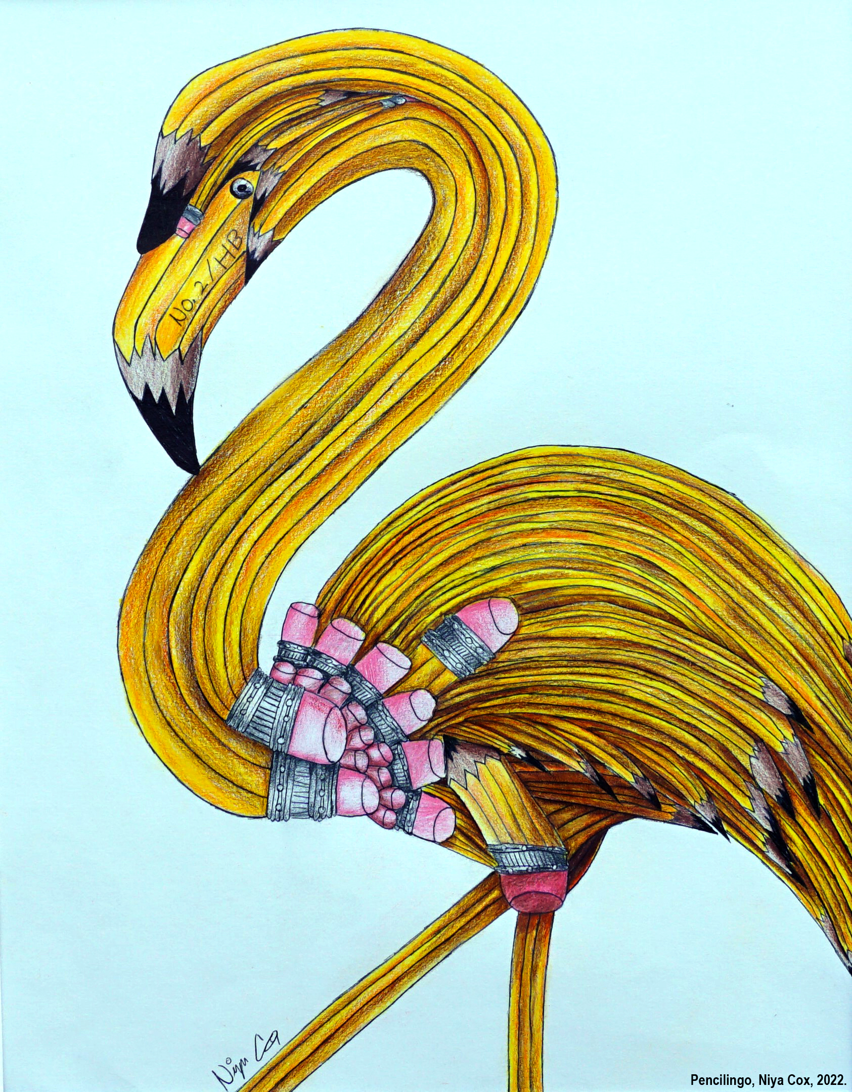 Titled, Pencilingo, a flamingo made out of varying sizes of yellow No. 2 pencils. Medium: Colored Pencil