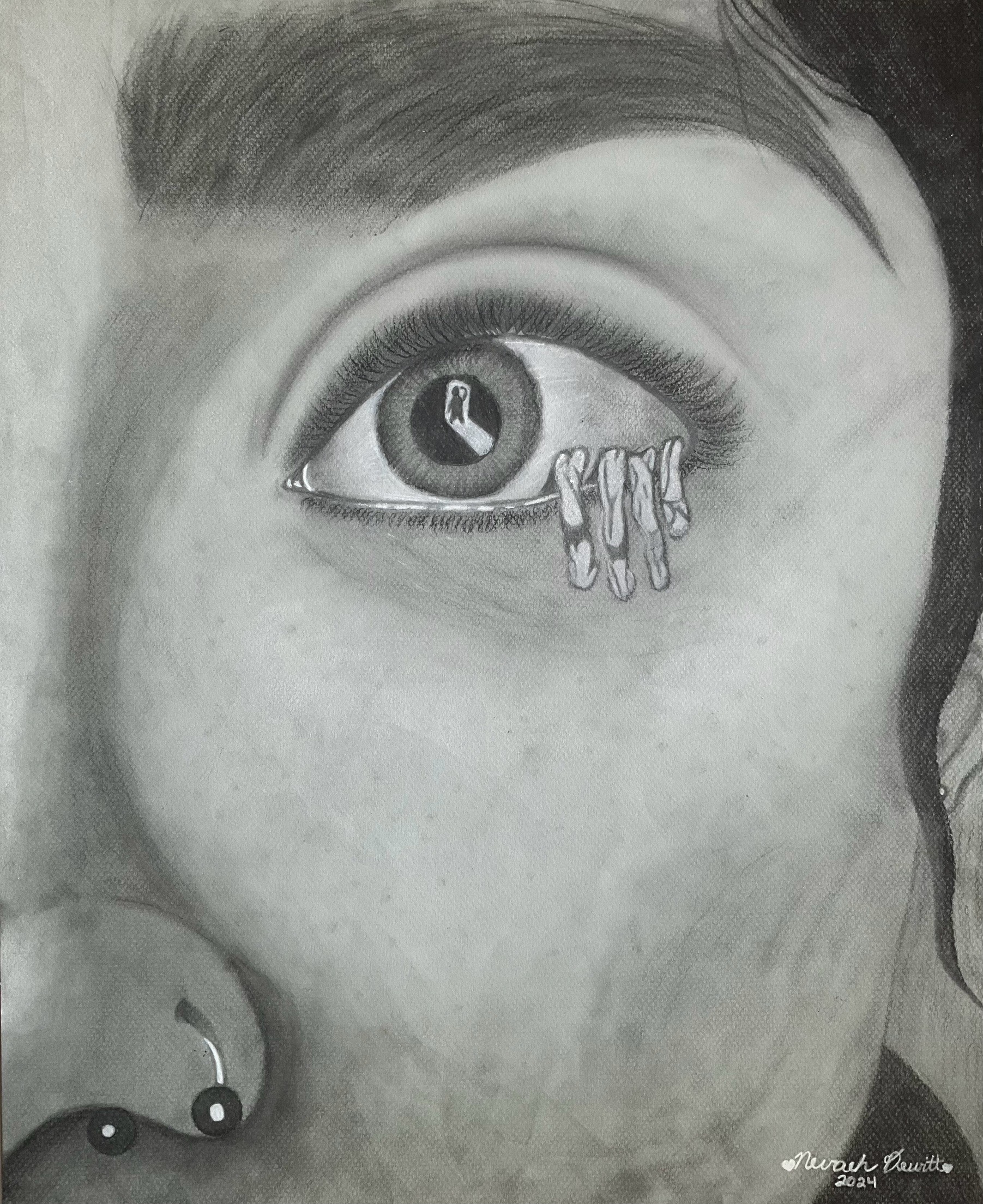 Close-up drawing of part of person's face, depicting half a nose with nose ring and an eye that reflects a person in the distance within it and has tears or fingers coming out of the bottom of the eye. Medium: Charcoal