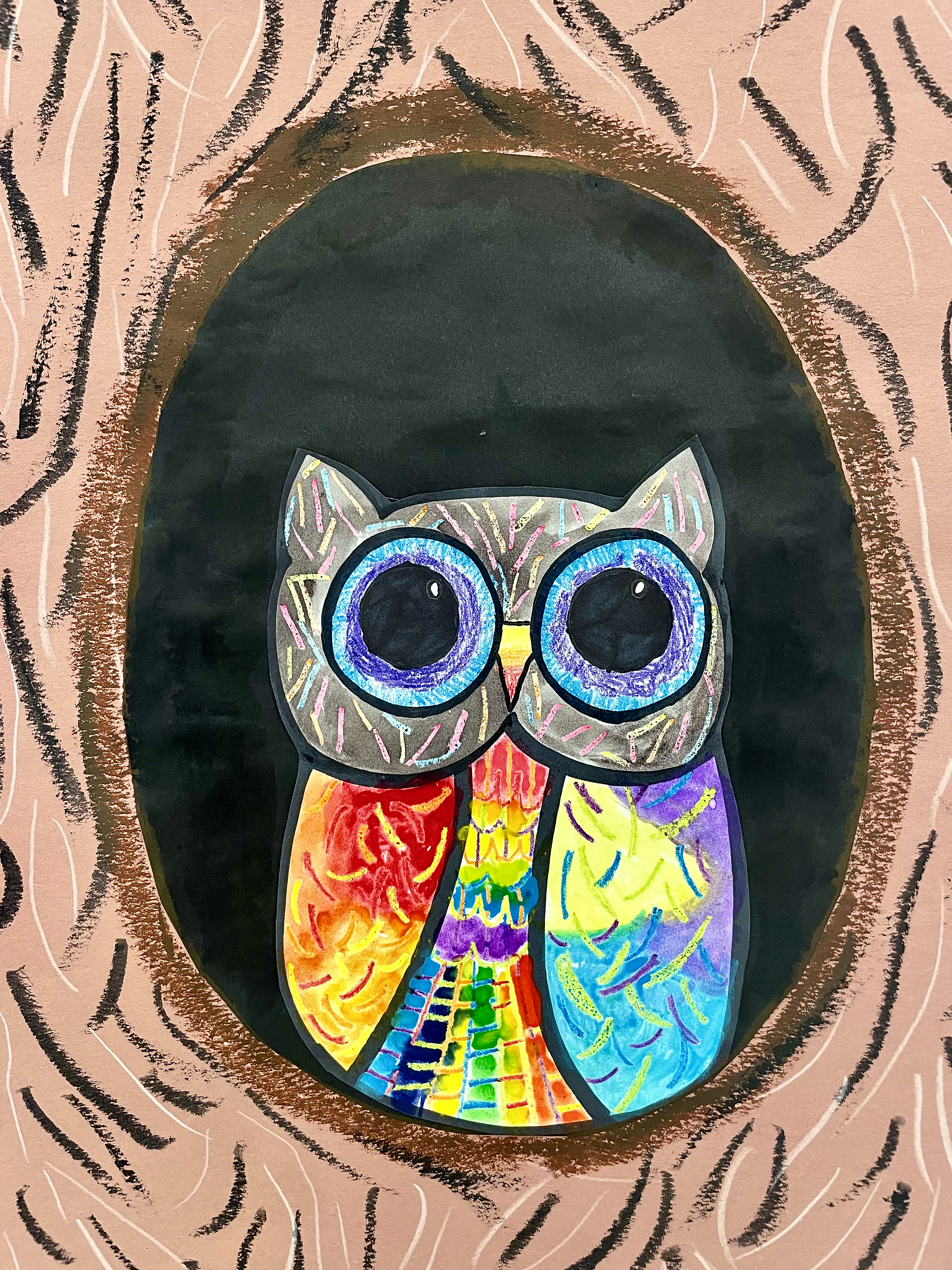 Multi-/rainbow-colored owl sitting in a hole in a tree. Mixed media.