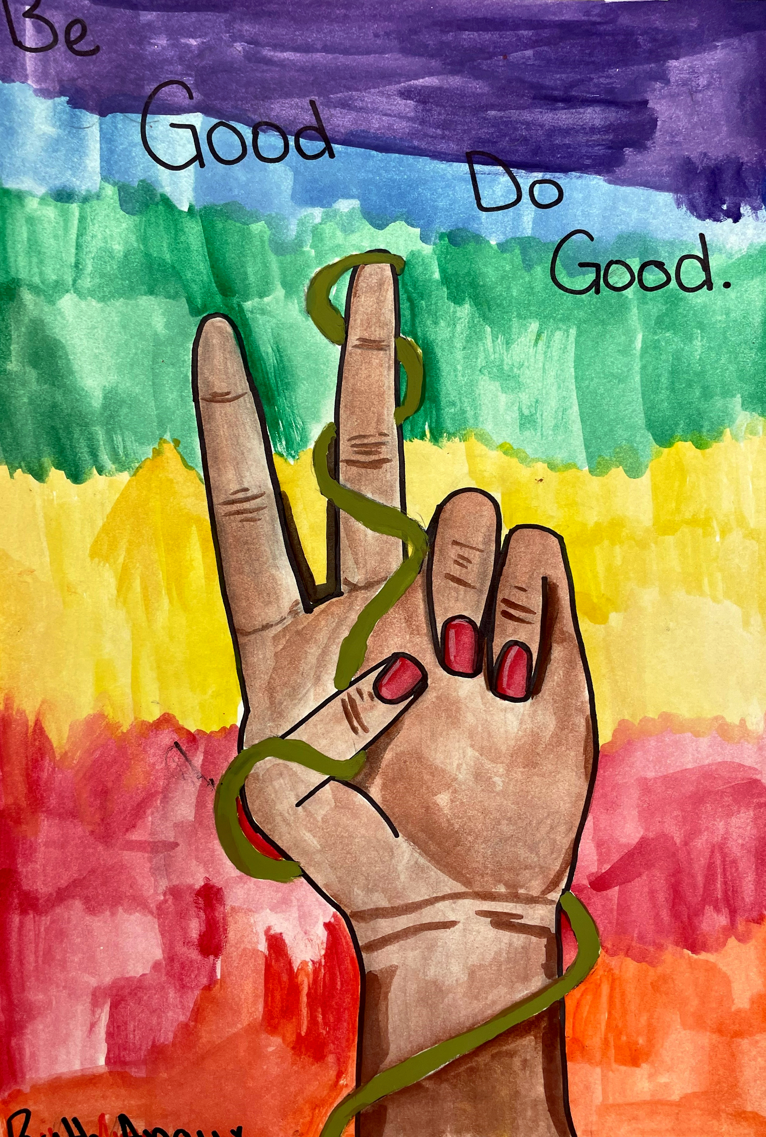 Depiction of a hand making a peace sign with a green string coiled around it, on a rainbow background with black text written towards the top, 