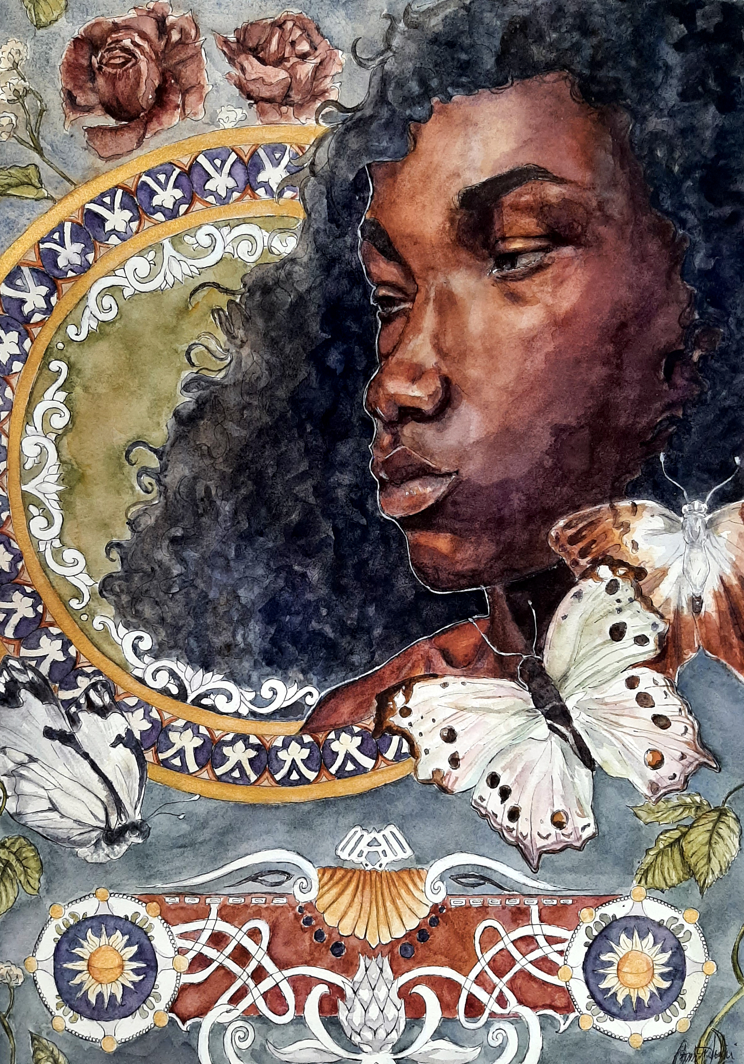 A Black woman in profile surrounded by flowers, butterflies and patterns, in brown, blue, green and white. Medium: Watercolor Painting